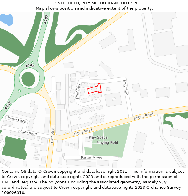 1, SMITHFIELD, PITY ME, DURHAM, DH1 5PP: Location map and indicative extent of plot