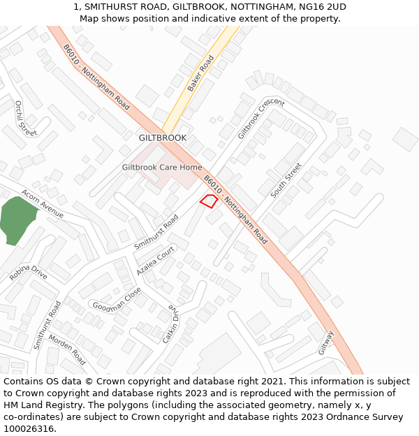 1, SMITHURST ROAD, GILTBROOK, NOTTINGHAM, NG16 2UD: Location map and indicative extent of plot