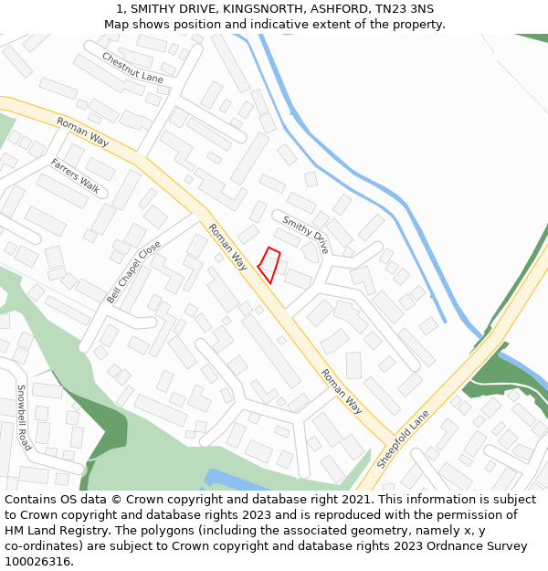 1, SMITHY DRIVE, KINGSNORTH, ASHFORD, TN23 3NS: Location map and indicative extent of plot