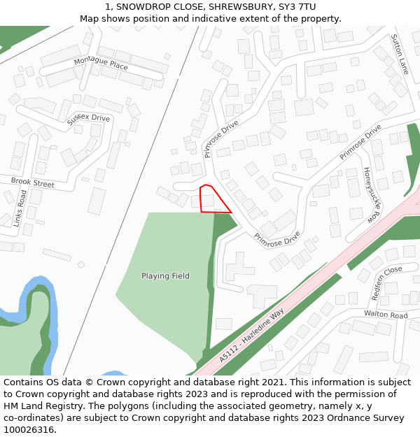 1, SNOWDROP CLOSE, SHREWSBURY, SY3 7TU: Location map and indicative extent of plot