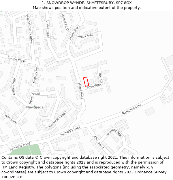 1, SNOWDROP WYNDE, SHAFTESBURY, SP7 8GX: Location map and indicative extent of plot