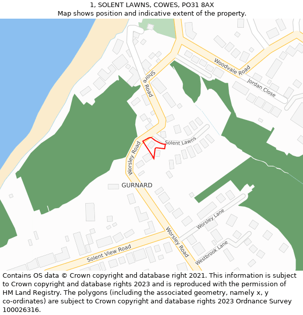 1, SOLENT LAWNS, COWES, PO31 8AX: Location map and indicative extent of plot