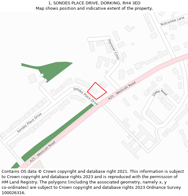 1, SONDES PLACE DRIVE, DORKING, RH4 3ED: Location map and indicative extent of plot
