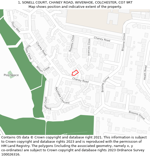 1, SONELL COURT, CHANEY ROAD, WIVENHOE, COLCHESTER, CO7 9RT: Location map and indicative extent of plot