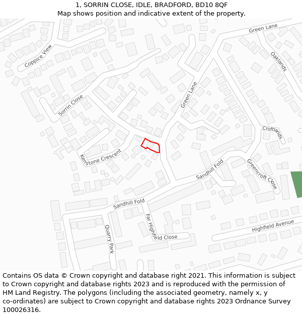 1, SORRIN CLOSE, IDLE, BRADFORD, BD10 8QF: Location map and indicative extent of plot