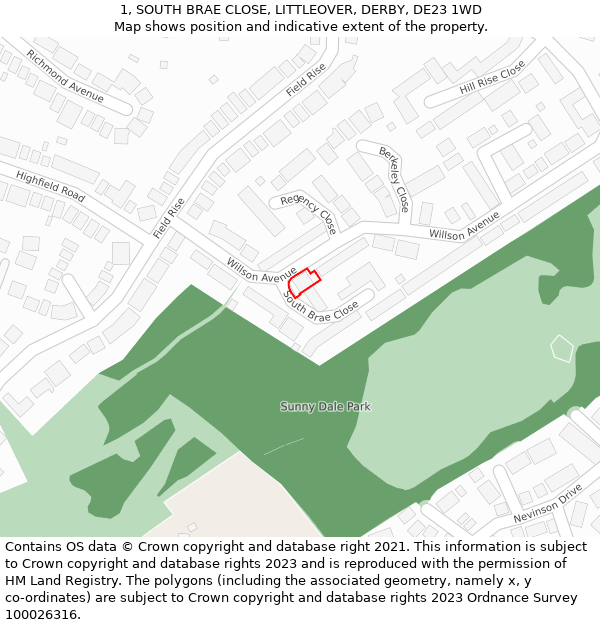 1, SOUTH BRAE CLOSE, LITTLEOVER, DERBY, DE23 1WD: Location map and indicative extent of plot