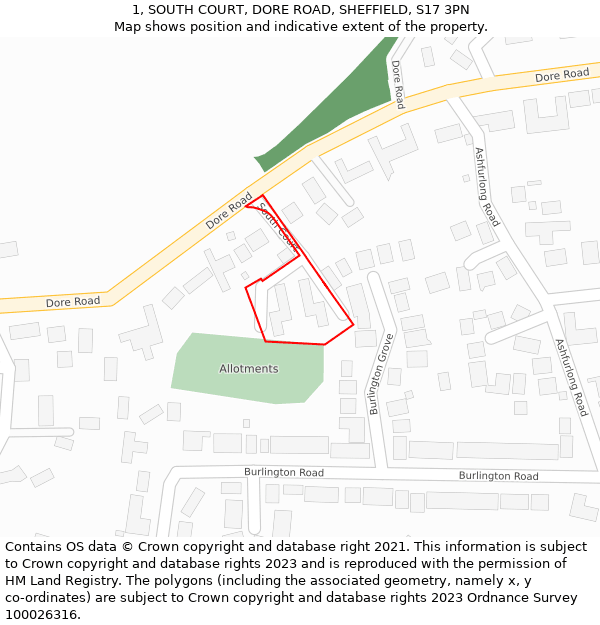 1, SOUTH COURT, DORE ROAD, SHEFFIELD, S17 3PN: Location map and indicative extent of plot