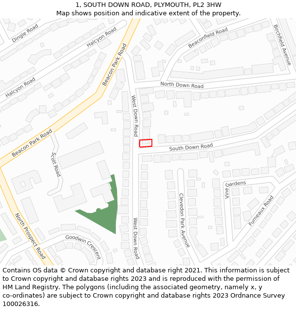 1, SOUTH DOWN ROAD, PLYMOUTH, PL2 3HW: Location map and indicative extent of plot