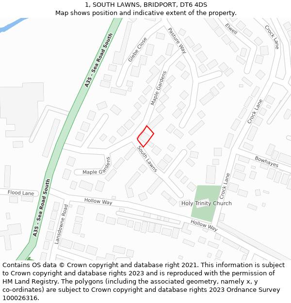 1, SOUTH LAWNS, BRIDPORT, DT6 4DS: Location map and indicative extent of plot