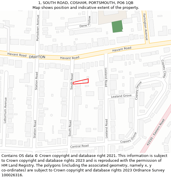 1, SOUTH ROAD, COSHAM, PORTSMOUTH, PO6 1QB: Location map and indicative extent of plot