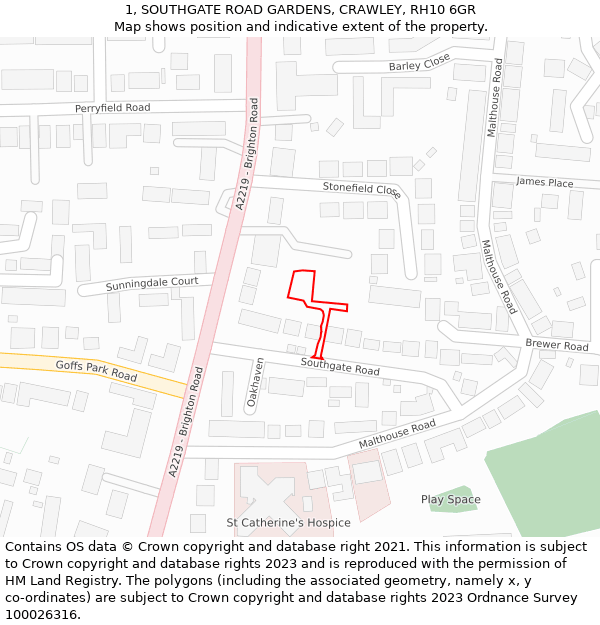 1, SOUTHGATE ROAD GARDENS, CRAWLEY, RH10 6GR: Location map and indicative extent of plot