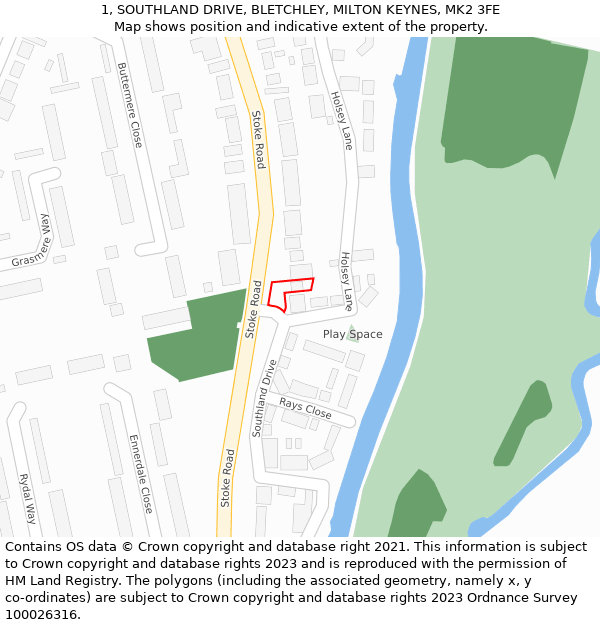 1, SOUTHLAND DRIVE, BLETCHLEY, MILTON KEYNES, MK2 3FE: Location map and indicative extent of plot