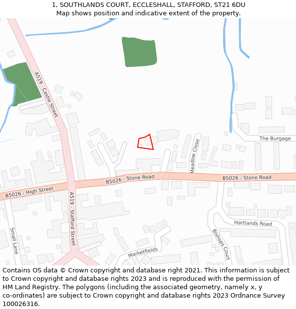 1, SOUTHLANDS COURT, ECCLESHALL, STAFFORD, ST21 6DU: Location map and indicative extent of plot