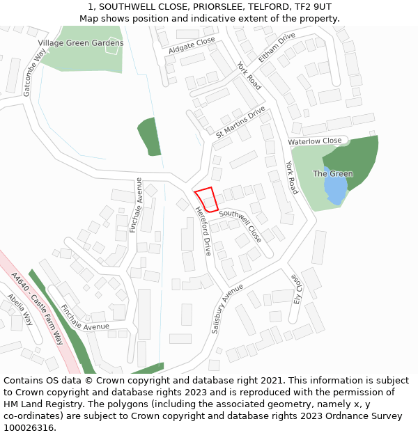 1, SOUTHWELL CLOSE, PRIORSLEE, TELFORD, TF2 9UT: Location map and indicative extent of plot