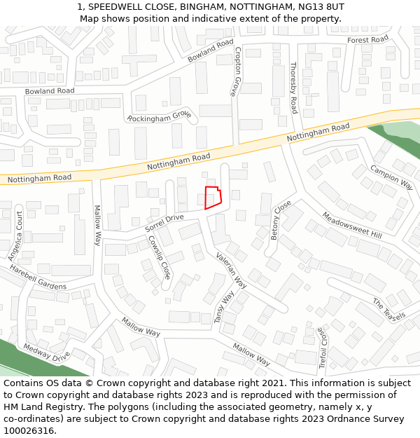 1, SPEEDWELL CLOSE, BINGHAM, NOTTINGHAM, NG13 8UT: Location map and indicative extent of plot