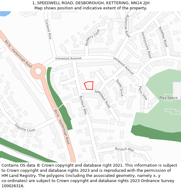 1, SPEEDWELL ROAD, DESBOROUGH, KETTERING, NN14 2JH: Location map and indicative extent of plot
