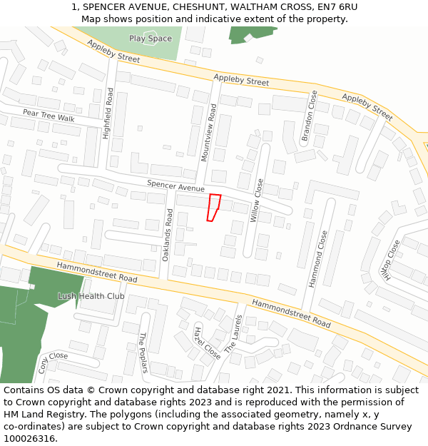 1, SPENCER AVENUE, CHESHUNT, WALTHAM CROSS, EN7 6RU: Location map and indicative extent of plot