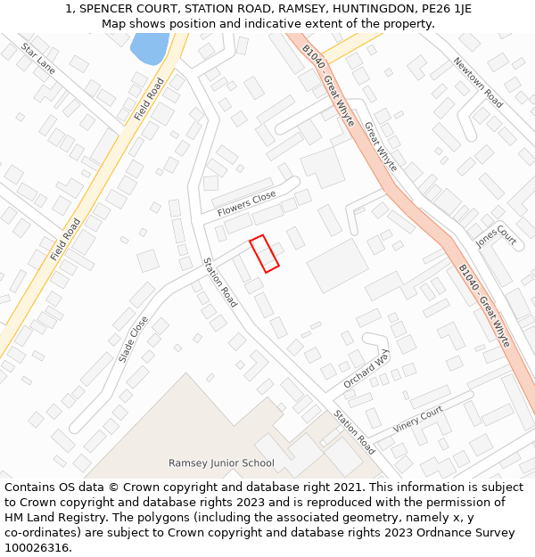 1, SPENCER COURT, STATION ROAD, RAMSEY, HUNTINGDON, PE26 1JE: Location map and indicative extent of plot