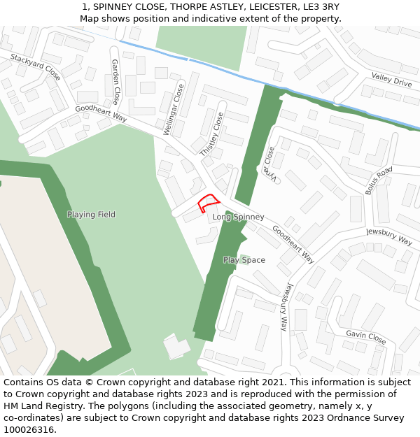 1, SPINNEY CLOSE, THORPE ASTLEY, LEICESTER, LE3 3RY: Location map and indicative extent of plot