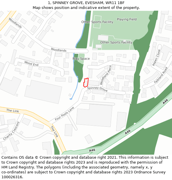 1, SPINNEY GROVE, EVESHAM, WR11 1BF: Location map and indicative extent of plot