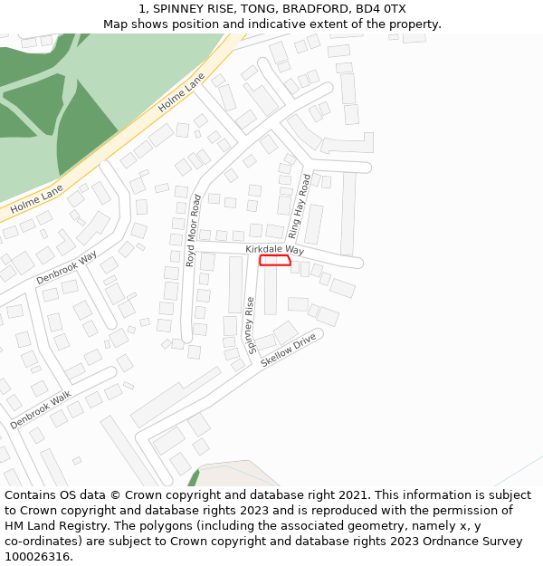 1, SPINNEY RISE, TONG, BRADFORD, BD4 0TX: Location map and indicative extent of plot