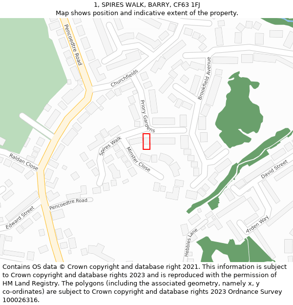 1, SPIRES WALK, BARRY, CF63 1FJ: Location map and indicative extent of plot