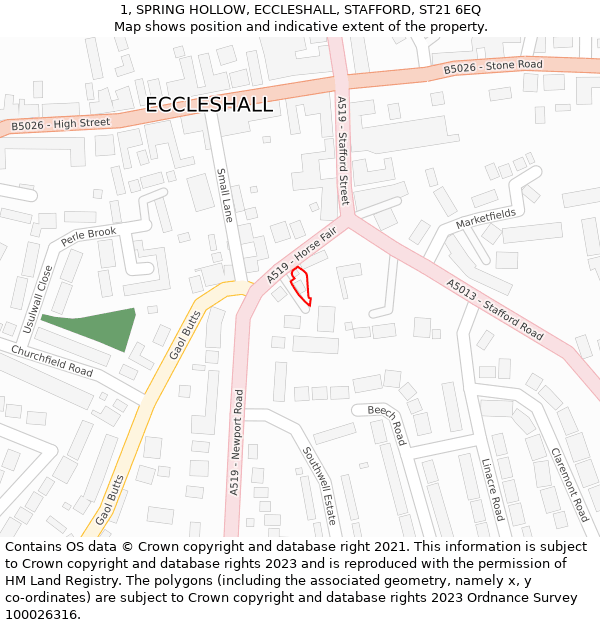 1, SPRING HOLLOW, ECCLESHALL, STAFFORD, ST21 6EQ: Location map and indicative extent of plot