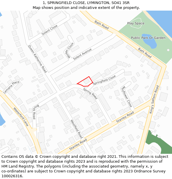 1, SPRINGFIELD CLOSE, LYMINGTON, SO41 3SR: Location map and indicative extent of plot