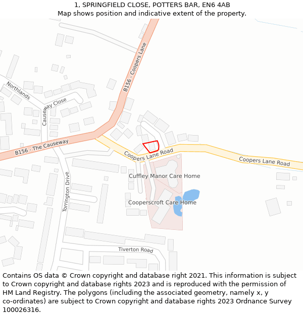 1, SPRINGFIELD CLOSE, POTTERS BAR, EN6 4AB: Location map and indicative extent of plot