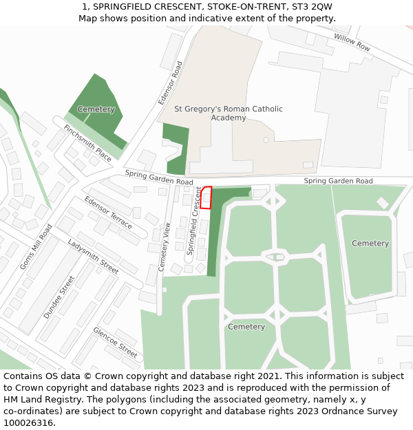 1, SPRINGFIELD CRESCENT, STOKE-ON-TRENT, ST3 2QW: Location map and indicative extent of plot