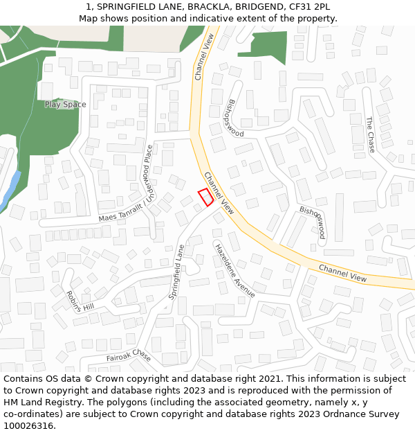 1, SPRINGFIELD LANE, BRACKLA, BRIDGEND, CF31 2PL: Location map and indicative extent of plot