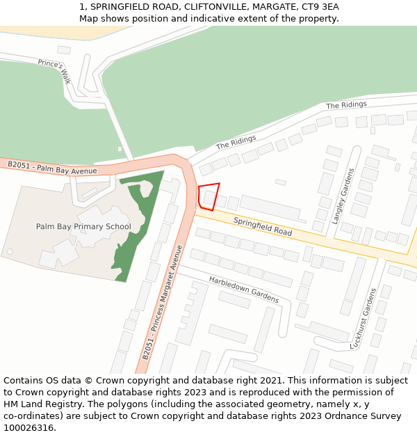 1, SPRINGFIELD ROAD, CLIFTONVILLE, MARGATE, CT9 3EA: Location map and indicative extent of plot