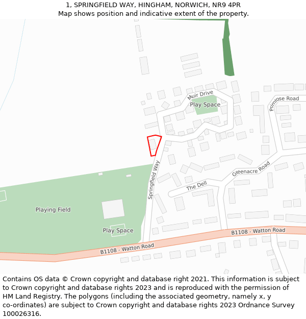 1, SPRINGFIELD WAY, HINGHAM, NORWICH, NR9 4PR: Location map and indicative extent of plot