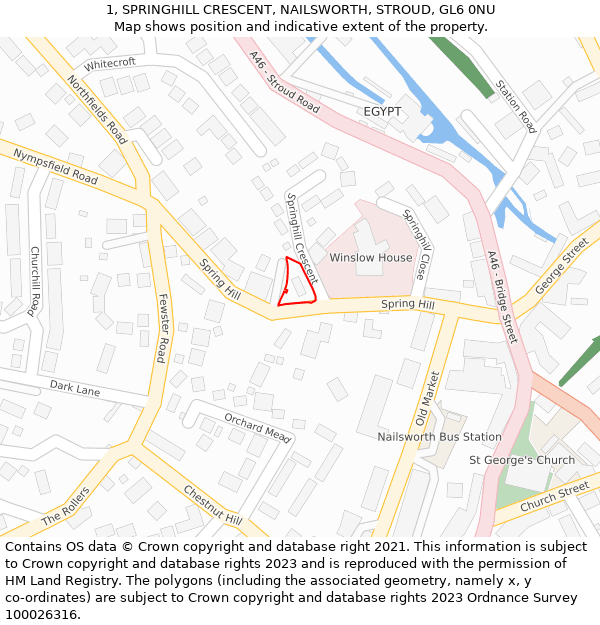 1, SPRINGHILL CRESCENT, NAILSWORTH, STROUD, GL6 0NU: Location map and indicative extent of plot