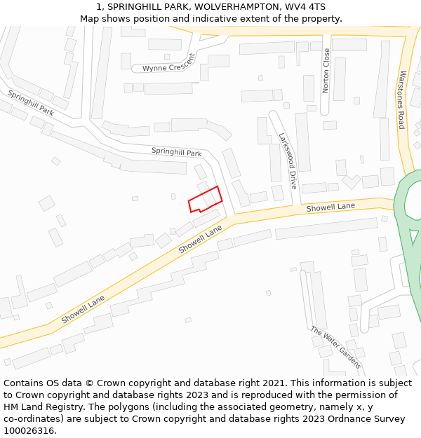 1, SPRINGHILL PARK, WOLVERHAMPTON, WV4 4TS: Location map and indicative extent of plot