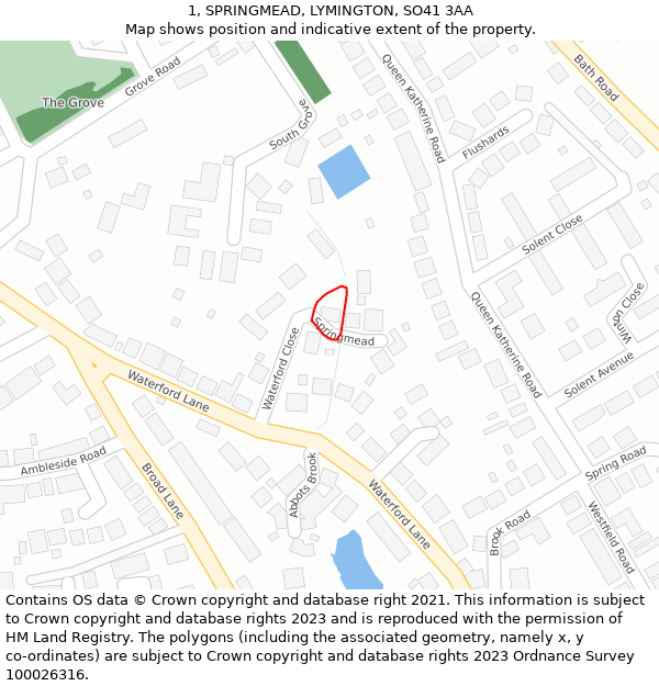 1, SPRINGMEAD, LYMINGTON, SO41 3AA: Location map and indicative extent of plot