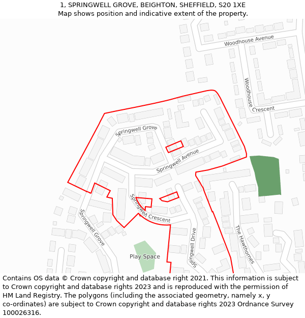 1, SPRINGWELL GROVE, BEIGHTON, SHEFFIELD, S20 1XE: Location map and indicative extent of plot