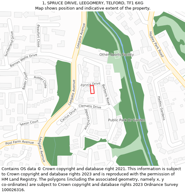 1, SPRUCE DRIVE, LEEGOMERY, TELFORD, TF1 6XG: Location map and indicative extent of plot