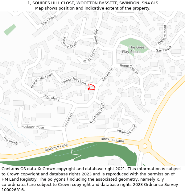 1, SQUIRES HILL CLOSE, WOOTTON BASSETT, SWINDON, SN4 8LS: Location map and indicative extent of plot