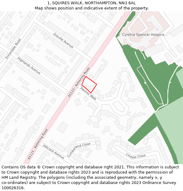 1, SQUIRES WALK, NORTHAMPTON, NN3 6AL: Location map and indicative extent of plot