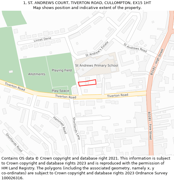 1, ST. ANDREWS COURT, TIVERTON ROAD, CULLOMPTON, EX15 1HT: Location map and indicative extent of plot