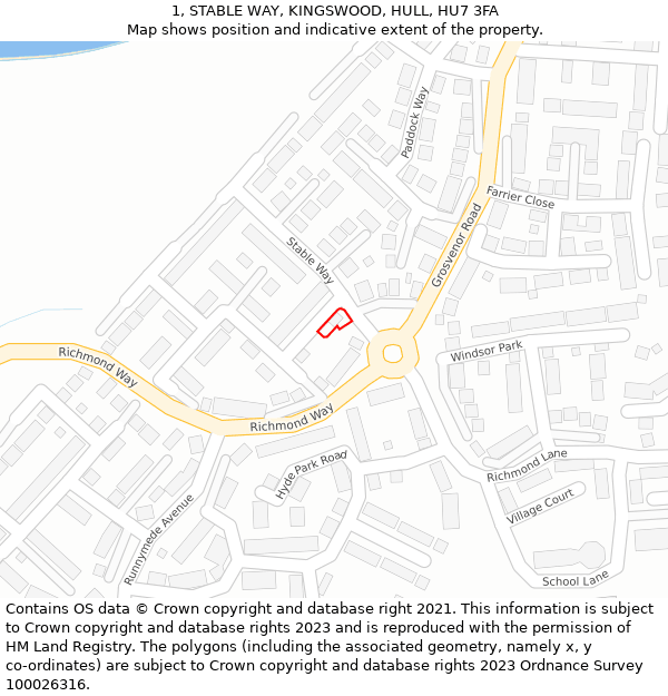 1, STABLE WAY, KINGSWOOD, HULL, HU7 3FA: Location map and indicative extent of plot