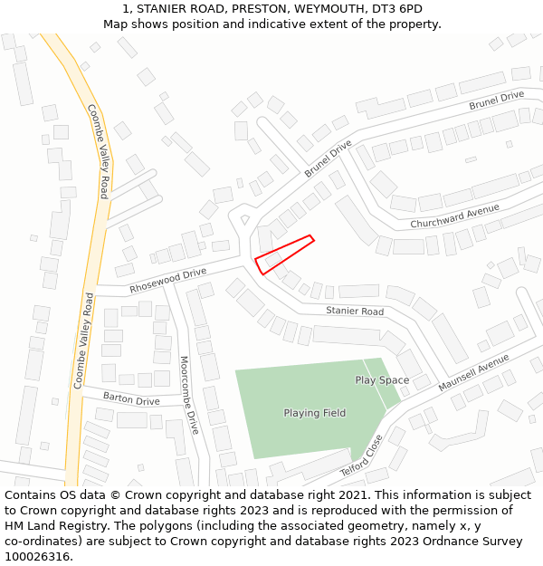 1, STANIER ROAD, PRESTON, WEYMOUTH, DT3 6PD: Location map and indicative extent of plot