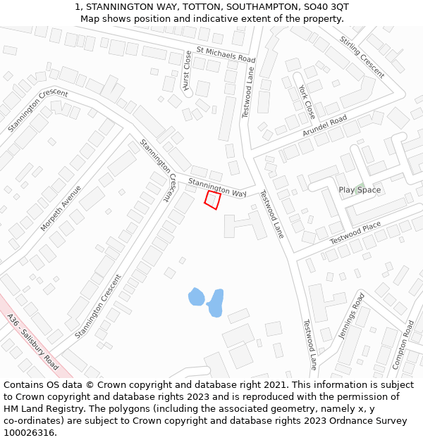 1, STANNINGTON WAY, TOTTON, SOUTHAMPTON, SO40 3QT: Location map and indicative extent of plot