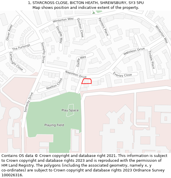 1, STARCROSS CLOSE, BICTON HEATH, SHREWSBURY, SY3 5PU: Location map and indicative extent of plot