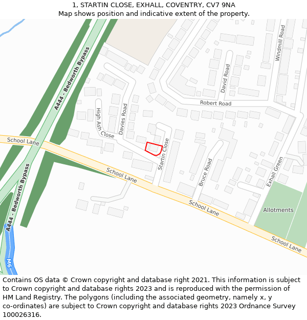 1, STARTIN CLOSE, EXHALL, COVENTRY, CV7 9NA: Location map and indicative extent of plot