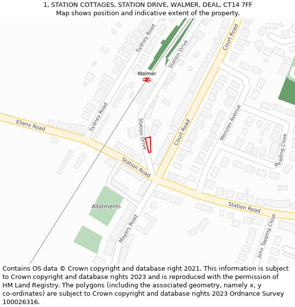 1, STATION COTTAGES, STATION DRIVE, WALMER, DEAL, CT14 7FF: Location map and indicative extent of plot