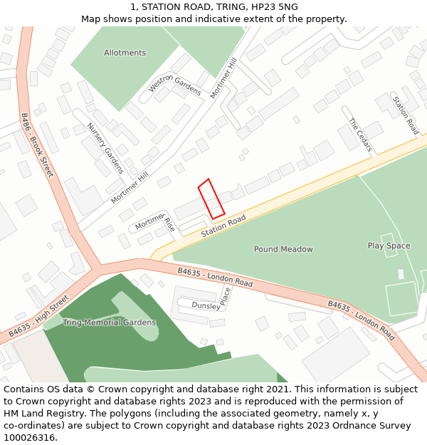 1, STATION ROAD, TRING, HP23 5NG: Location map and indicative extent of plot