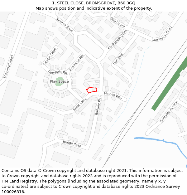 1, STEEL CLOSE, BROMSGROVE, B60 3GQ: Location map and indicative extent of plot