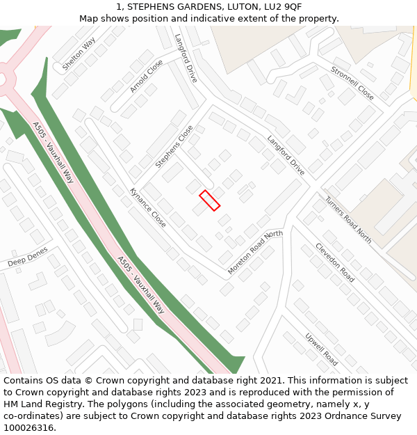 1, STEPHENS GARDENS, LUTON, LU2 9QF: Location map and indicative extent of plot